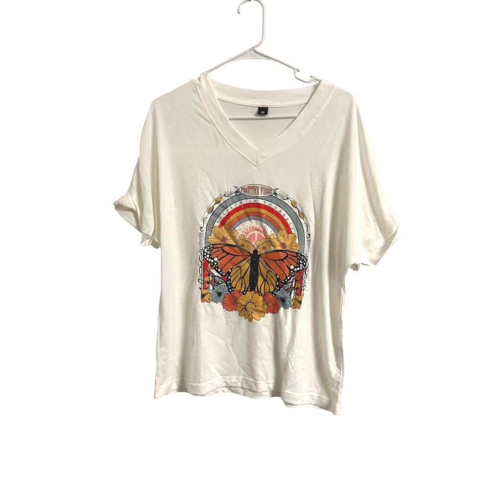 T-Shirt White V-Neck Boho Positive Vibes Butterfly Rainbow Graphic Top Size M
